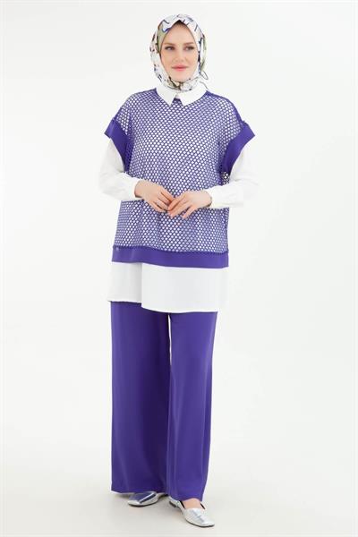 ARMİNE TREND Beli Lastikli Pantolonlu Basic Gömlekli Fileli Üçlü Takım Leylak 24YT633