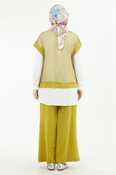 ARMİNE TREND Beli Lastikli Pantolonlu Basic Gömlekli Fileli Üçlü Takım Yağ Yeşili 24YT633