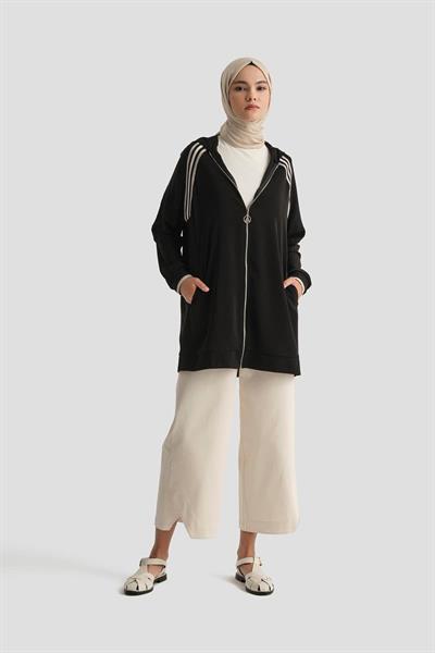 ARMİNE TREND Boydan Fermuarlı Kapüşonlu Tunik-SİYAH 25YT409