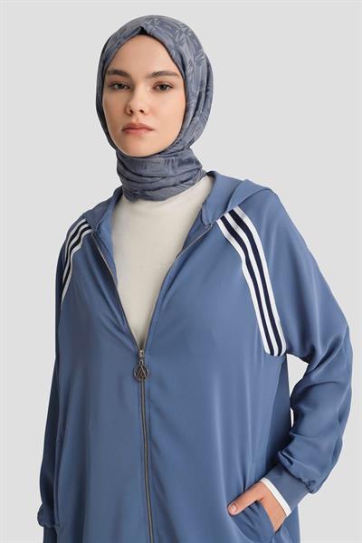 ARMİNE TREND Boydan Fermuarlı Kapüşonlu Tunik-İNDİGO 25YT409