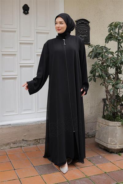 ARMİNE TREND Boydan Fermuarlu Taş Detaylı Ferace-Siyah 25YTD813