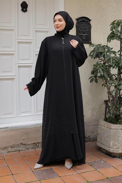 ARMİNE TREND Boydan Fermuarlu Taş Detaylı Ferace-Siyah 25YTD813