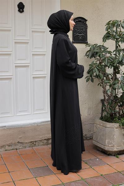 ARMİNE TREND Boydan Fermuarlu Taş Detaylı Ferace-Siyah 25YTD813