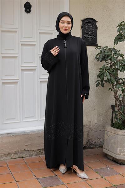 ARMİNE TREND Boydan Fermuarlu Taş Detaylı Ferace-Siyah 25YTD813