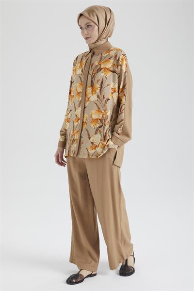ARMİNE TREND ÇİÇEK DETAYLI PANTOLONLU TAKIM 25YT676 KAHVERENGİ