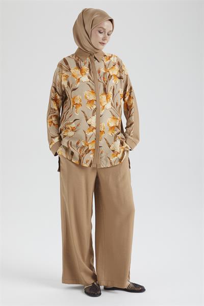 ARMİNE TREND ÇİÇEK DETAYLI PANTOLONLU TAKIM 25YT676 KAHVERENGİ
