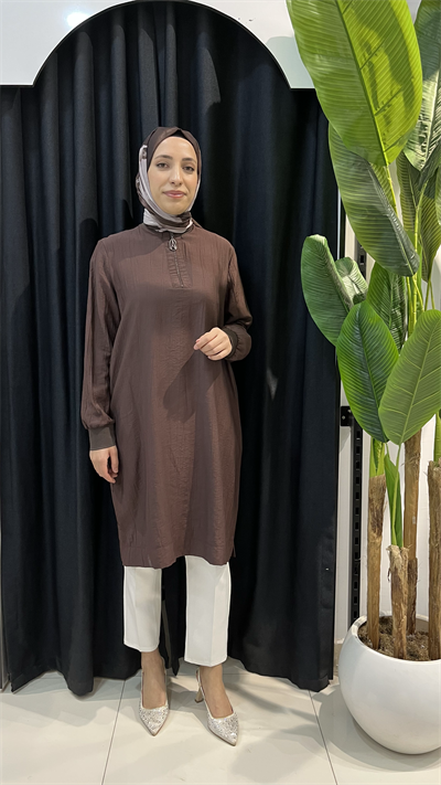 Armine Trend Çilek Kumaş Yarım Fermuarlı Tunik 26YT62 Kahverengi