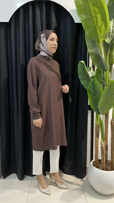 Armine Trend Çilek Kumaş Yarım Fermuarlı Tunik 26YT62 Kahverengi