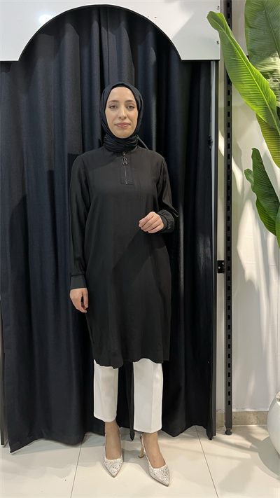 Armine Trend Çilek Kumaş Yarım Fermuarlı Tunik 26YT62 Siyah