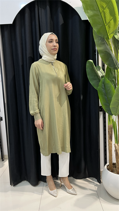 Armine Trend Çilek Kumaş Yarım Fermuarlı Tunik 26YT62 Küf Yeşili