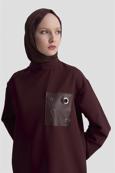 ARMİNE TREND Deri ve Kuşgözü Detaylı Tunik Bordo 25KT438
