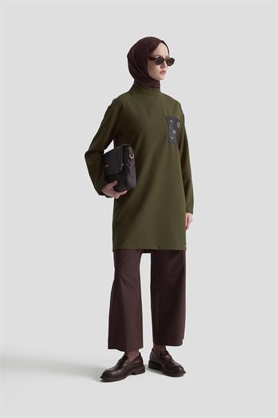 ARMİNE TREND Deri ve Kuşgözü Detaylı Tunik Olive 25KT438