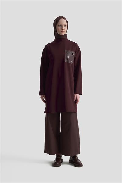 ARMİNE TREND Deri ve Kuşgözü Detaylı Tunik Bordo 25KT438
