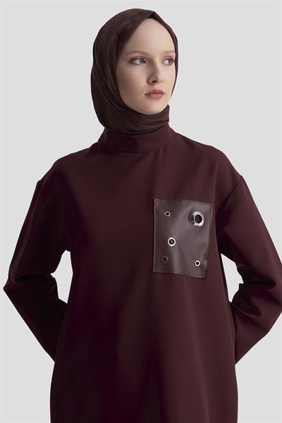 ARMİNE TREND Deri ve Kuşgözü Detaylı Tunik Bordo 25KT438