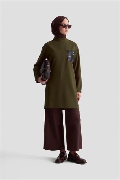 ARMİNE TREND Deri ve Kuşgözü Detaylı Tunik Olive 25KT438