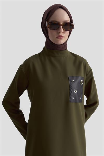 ARMİNE TREND Deri ve Kuşgözü Detaylı Tunik Olive 25KT438