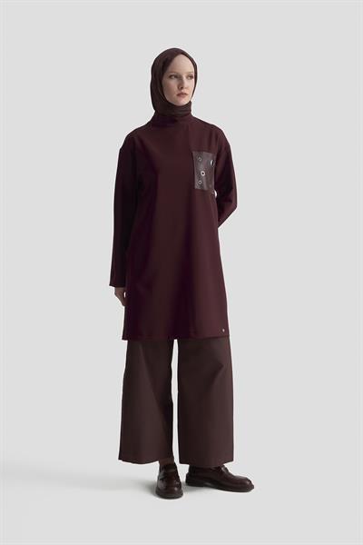 ARMİNE TREND Deri ve Kuşgözü Detaylı Tunik Bordo 25KT438