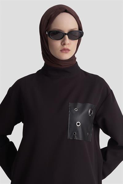 ARMİNE TREND Deri ve Kuşgözü Detaylı Tunik Siyah 25KT438