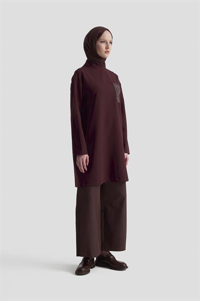ARMİNE TREND Deri ve Kuşgözü Detaylı Tunik Bordo 25KT438