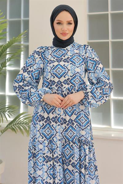 ARMİNE TREND Desenli Elbise İndigo 24YT947