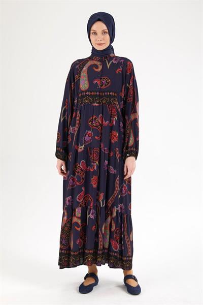 ARMİNE TREND Desenli Elbise-Lacivert 25YT949