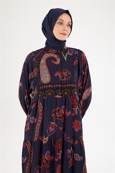 ARMİNE TREND Desenli Elbise-Lacivert 25YT949