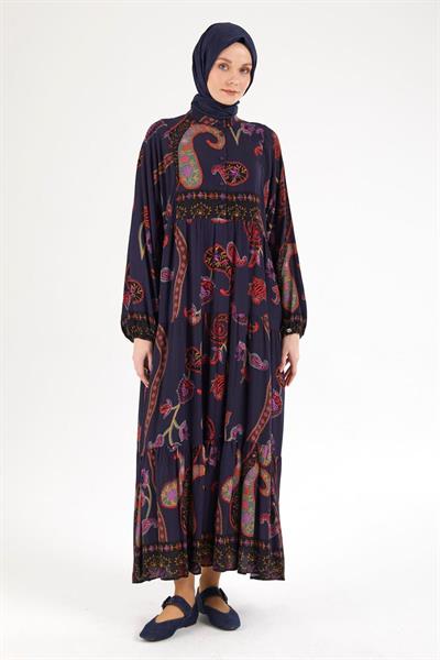 ARMİNE TREND Desenli Elbise-Lacivert 25YT949