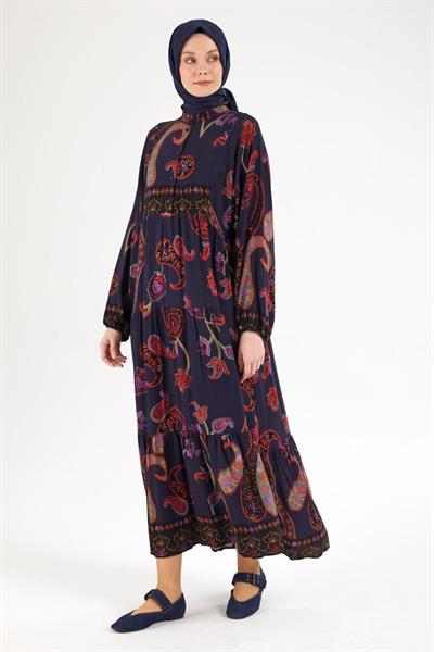 ARMİNE TREND Desenli Elbise-Lacivert 25YT949