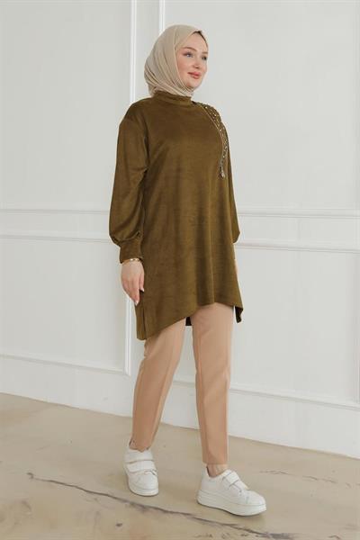 ARMİNE TREND Fermuar ve Taş Detaylı Kolları Ribanalı Tunik-Olive 24KT427