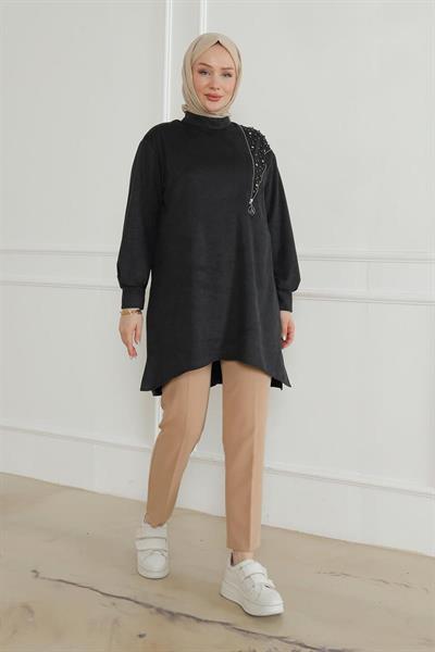 ARMİNE TREND Fermuar ve Taş Detaylı Kolları Ribanalı Tunik-SİYAH 24KT427