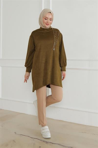 ARMİNE TREND Fermuar ve Taş Detaylı Kolları Ribanalı Tunik-Olive 24KT427