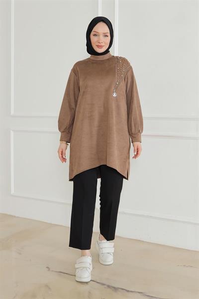 ARMİNE TREND Fermuar ve Taş Detaylı Kolları Ribanalı Tunik-VİZON 24KT427