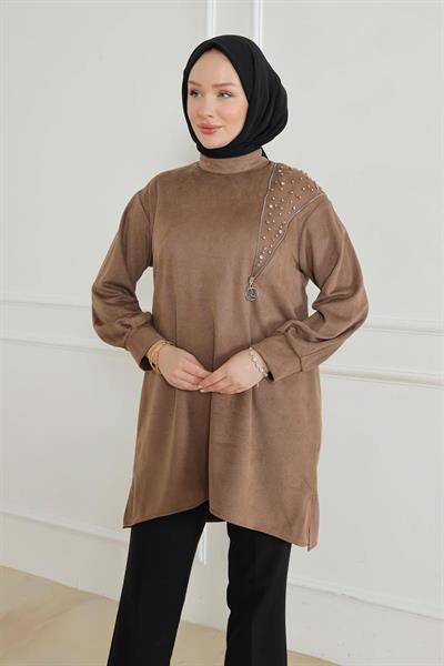 ARMİNE TREND Fermuar ve Taş Detaylı Kolları Ribanalı Tunik-VİZON 24KT427