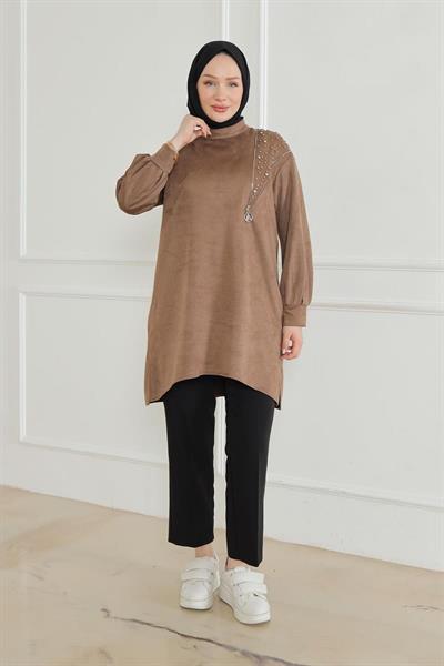 ARMİNE TREND Fermuar ve Taş Detaylı Kolları Ribanalı Tunik-VİZON 24KT427