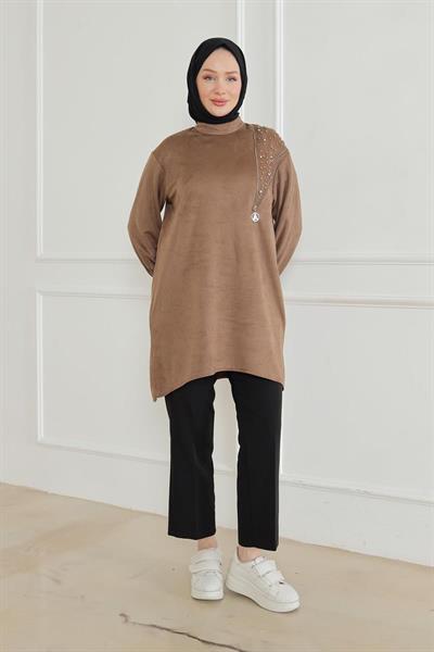 ARMİNE TREND Fermuar ve Taş Detaylı Kolları Ribanalı Tunik-VİZON 24KT427