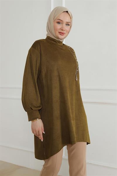 ARMİNE TREND Fermuar ve Taş Detaylı Kolları Ribanalı Tunik-Olive 24KT427