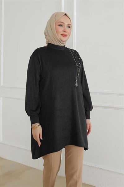 ARMİNE TREND Fermuar ve Taş Detaylı Kolları Ribanalı Tunik-SİYAH 24KT427
