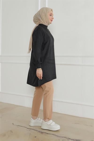 ARMİNE TREND Fermuar ve Taş Detaylı Kolları Ribanalı Tunik-SİYAH 24KT427