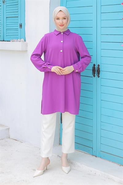 ARMİNE TREND Gömlek Yaka Çıt Çıtlı Tunik Mor 24YT420