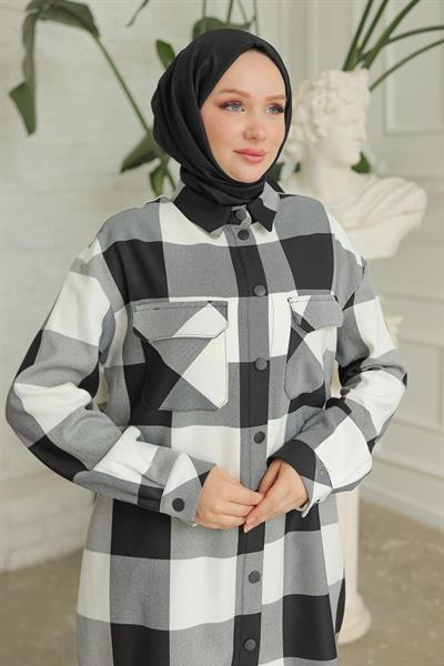 ARMİNE TREND Gömlek Yaka Çıtçıtlı Tunik-SİYAH BEYAZ KARELİ 24KT415