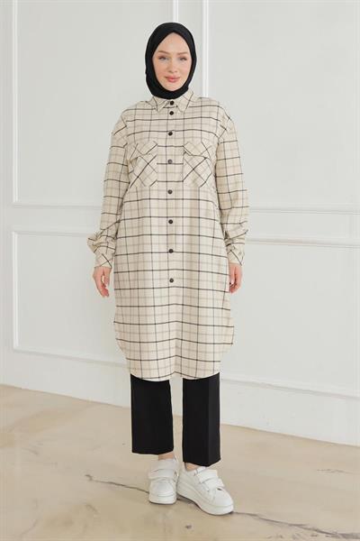ARMİNE TREND Gömlek Yaka Çıtçıtlı Tunik-Bej 24KT415