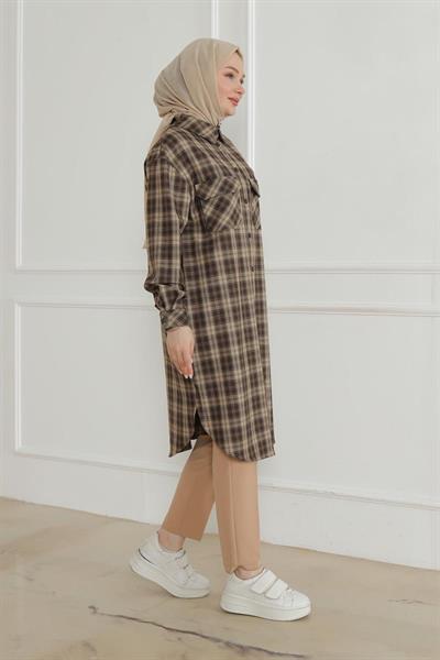 ARMİNE TREND Gömlek Yaka Çıtçıtlı Tunik-Kahve Vizon 24KT415