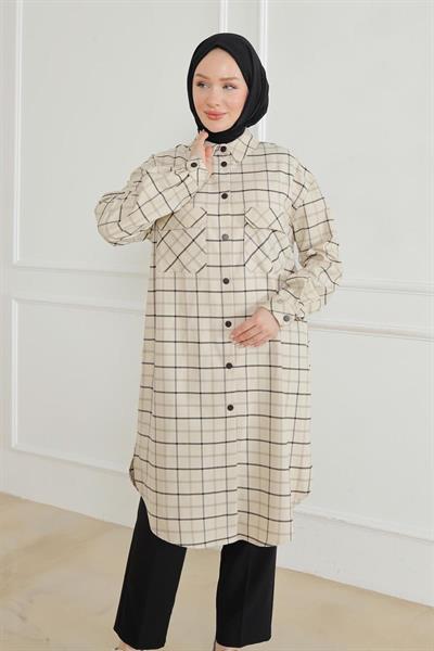 ARMİNE TREND Gömlek Yaka Çıtçıtlı Tunik-Bej 24KT415