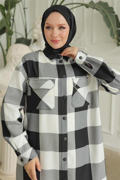 ARMİNE TREND Gömlek Yaka Çıtçıtlı Tunik-SİYAH BEYAZ KARELİ 24KT415