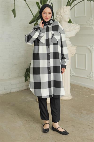 ARMİNE TREND Gömlek Yaka Çıtçıtlı Tunik-SİYAH BEYAZ KARELİ 24KT415