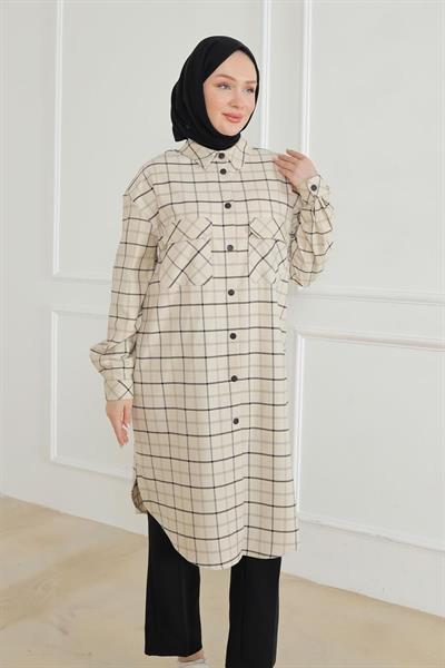 ARMİNE TREND Gömlek Yaka Çıtçıtlı Tunik-Bej 24KT415