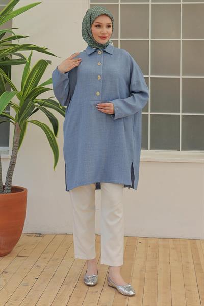 ARMİNE TREND Gömlek Yaka Düğmeli Tunik İndigo 24YT442