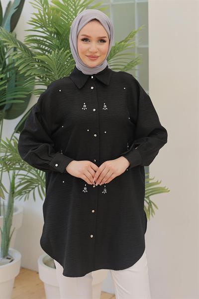 ARMİNE TREND Gömlek Yakalı Önden Taş Desenli Tunik Siyah 24YT443