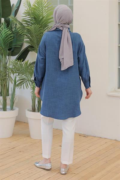 ARMİNE TREND Gömlek Yakalı Önden Taş Desenli Tunik İndigo 24YT443