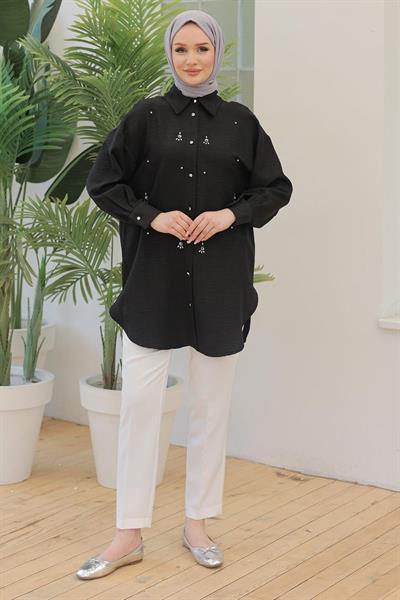 ARMİNE TREND Gömlek Yakalı Önden Taş Desenli Tunik Siyah 24YT443